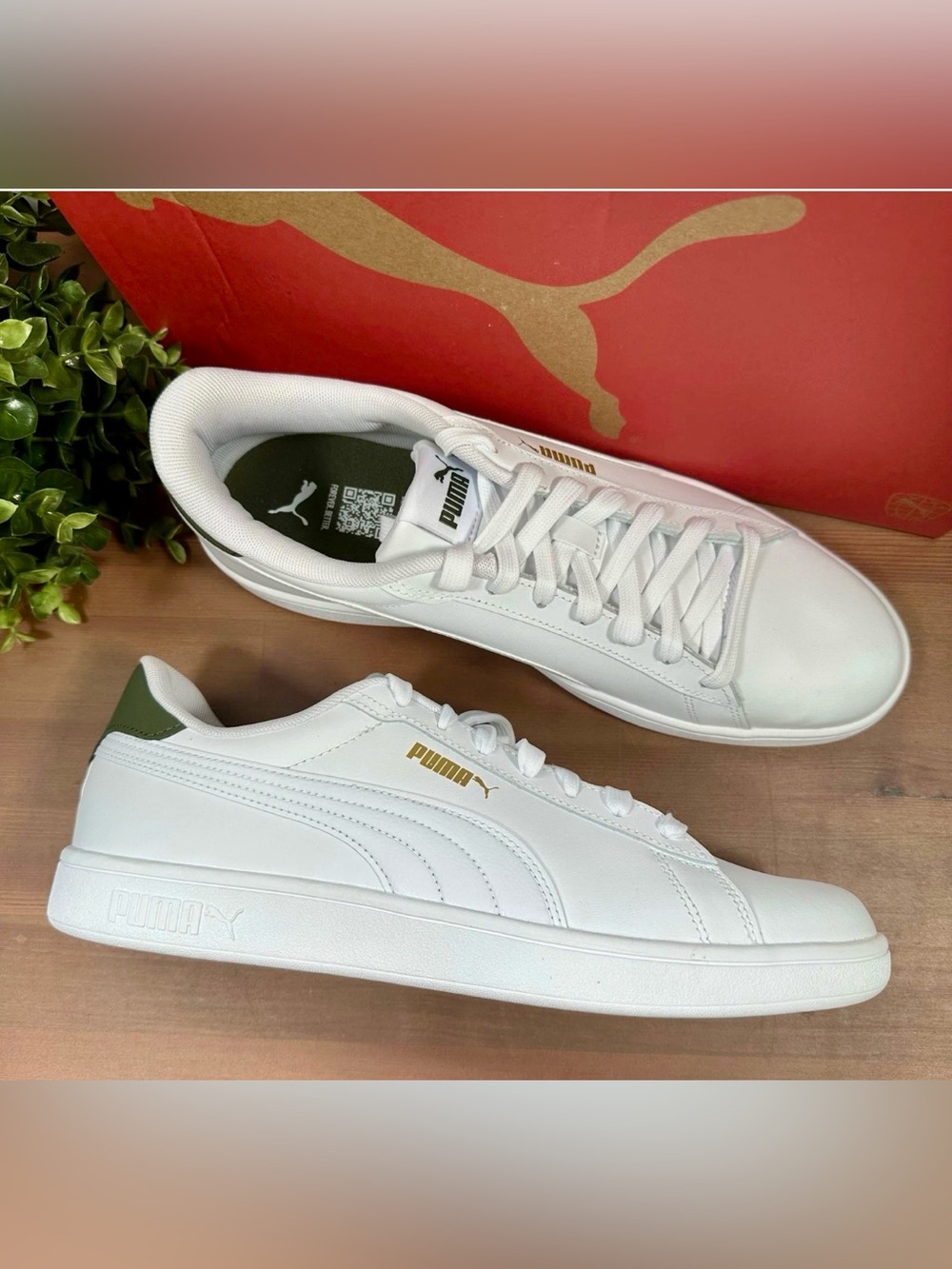 Puma White Sneakers with Green + Gold Logo Softfoam BNIB